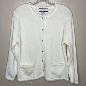 VINTAGE Crystal-Kobe Cardigan Sweater Cream Gold Decorative Buttons Classic Sm
